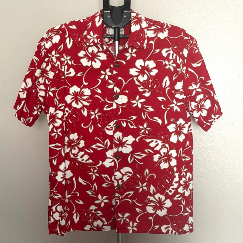 Vintage Hilo Hattie Hawaiian Shirt Red White Hibiscus Floral Made in Hawaii L